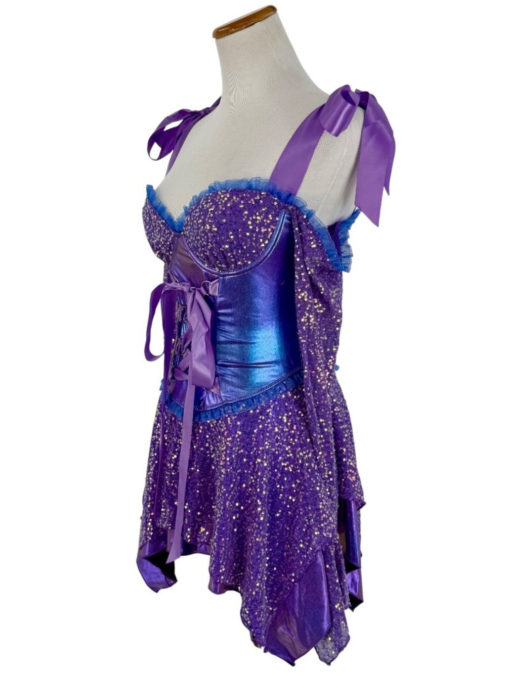 NWT Dolls Kill Purple Fairy Sequin Corset Mini Dress Wings Garters Costume Rave - Picture 9 of 16